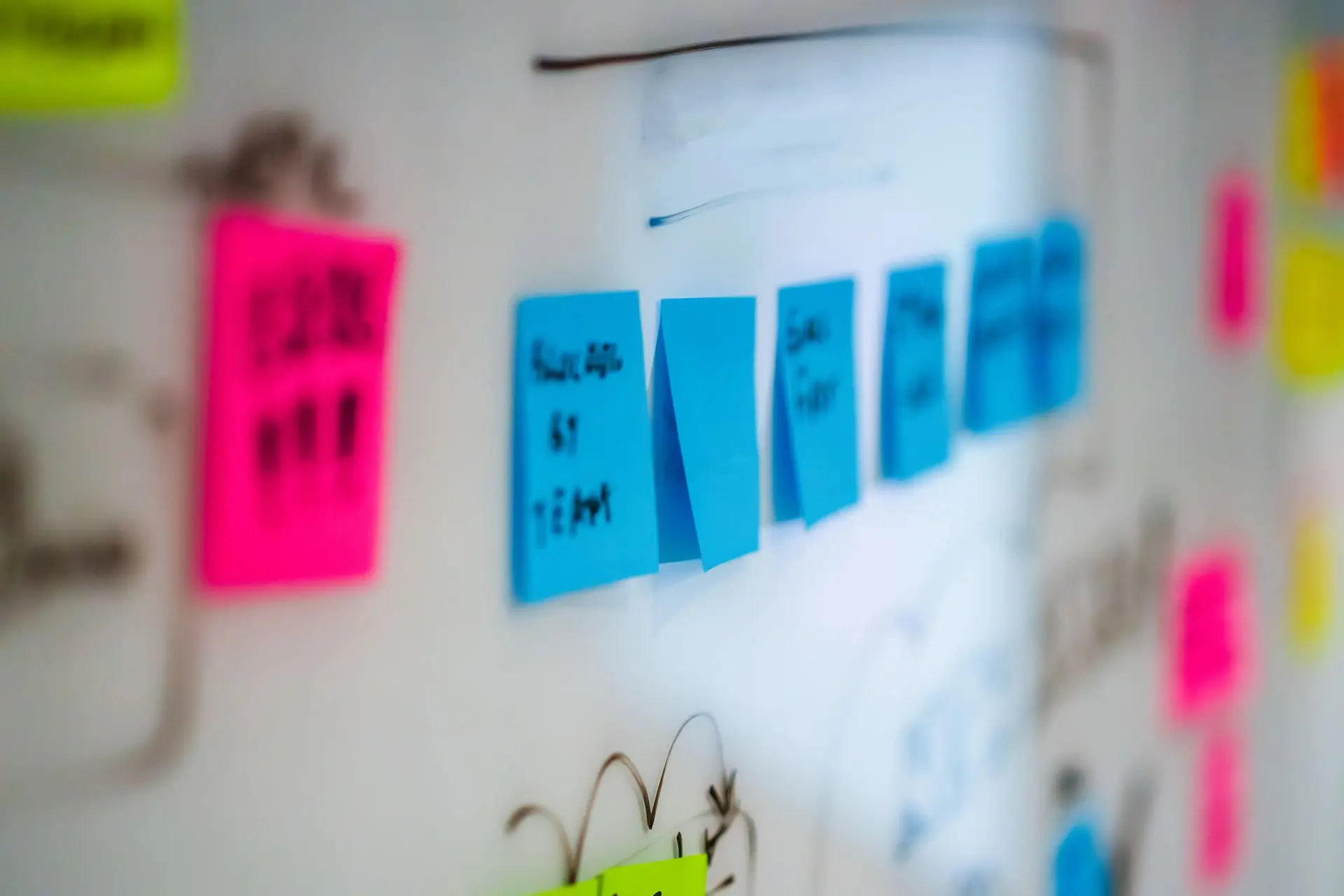 Notizzettel und Skizzen auf einem Whiteboard während eines Strategie-Workshops